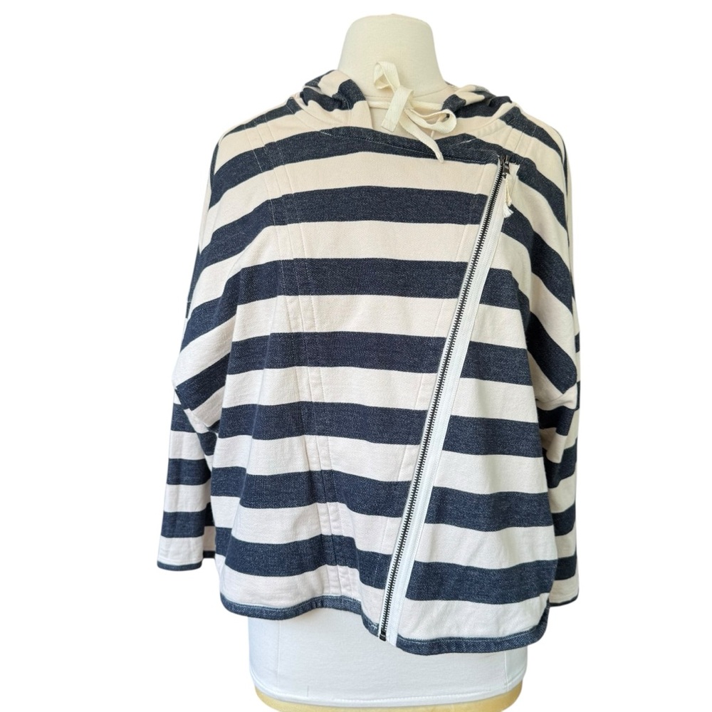LOFT Moto Jacket Zip Hoodie Cotton Blue Cream Striped Coastal Sz Large Beach